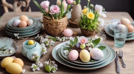 Fototapeta na wymiar Spring flowers, quail eggs in nest and butterflies. Easter greeting banner