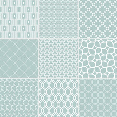 Set of seamless geometric patterns for your designs and backgrounds. Geometric light blue and white abstract ornament. Modern ornaments with repeating elements
