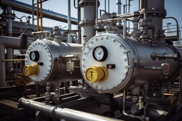 A Close-up View of a Mud Drum in an Industrial Setting, Surrounded by Pipes, Gauges, and Metallic Structures