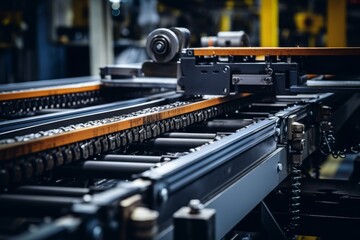 Fototapeta premium A close-up view of a meticulously engineered conveyor belt link, surrounded by the gritty, industrial environment of a bustling factory