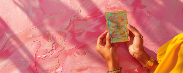 Hands holding a beautiful tarot and oracle card on pink background, inviting users to seek guidance, self-reflection, and spiritual insights. These cards serve as powerful tools for divination.