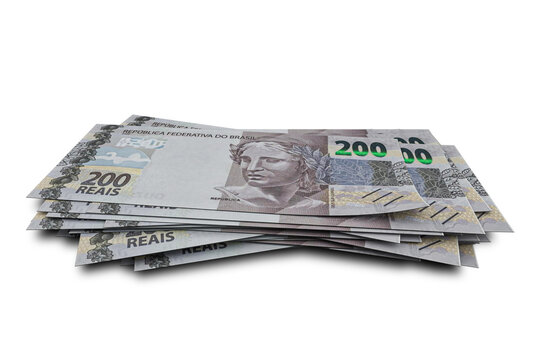 3D rendering of Stacks of Brazilian Money 200 Reais Banknotes