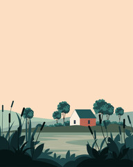 Sunset, village, house, USA. Poster, banner, card design - obrazy, fototapety, plakaty