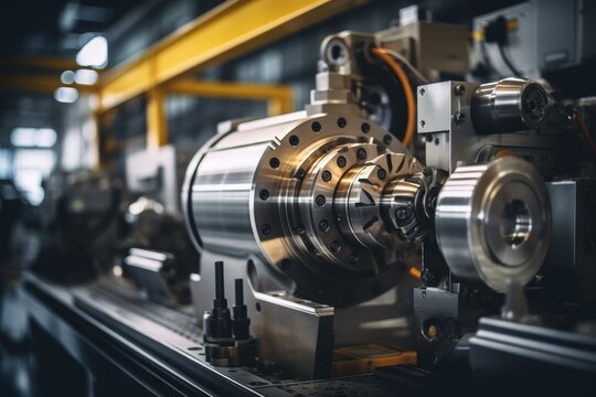 A detailed view of a robust machine stud, perfectly crafted and polished, standing out in an industrial setting with complex machinery in the background