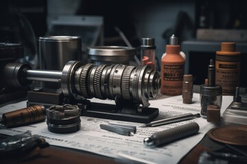 A close-up view of a bellow seal, an essential industrial component, sitting on a workbench in a dimly lit workshop with tools scattered around