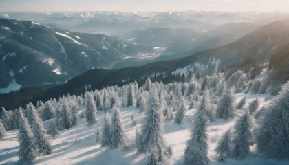 Aerial view of winter landscape atop alpine forest mountain top
