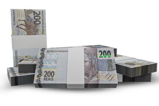 3D rendering of Stacks of Brazilian Money 200 Reais Banknotes