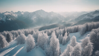 Aerial view of winter landscape atop alpine forest mountain top
