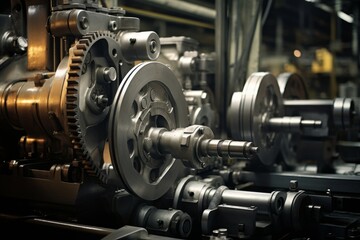 A detailed view of a robust industrial cam, bathed in the warm glow of factory lights, with a backdrop of intricate machinery and a labyrinth of steel pipes