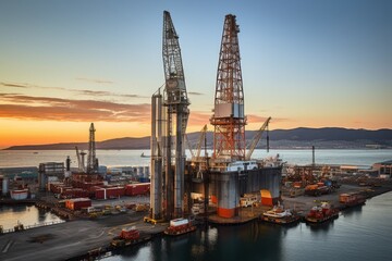 A Majestic View of a Drilling Rig at Sunset, with the Industrial Complex in the Foreground and a Dramatic Skyline in the Background