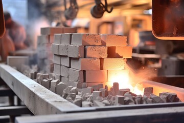 A close-up view of a refractory brick in an industrial setting, with a blurred background showcasing heavy machinery and a bustling work environment - obrazy, fototapety, plakaty