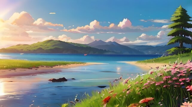 anime scenery wallpaper 4k background, clean blue sky, Morning Lake Amidst Majestic Mountains and Serene Nature, generative ai