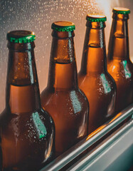 Detalhes de garrafas de cerveja, geladas, armazenadas, enfileiradas, na porta de uma geladeira.