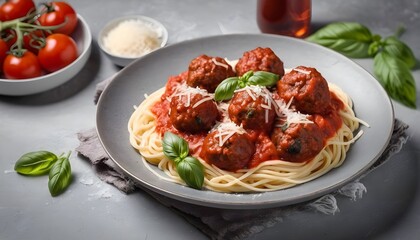 Pasta with beef Meatballs in tomato sauce, basil and parmesan on light stone table. Italian food