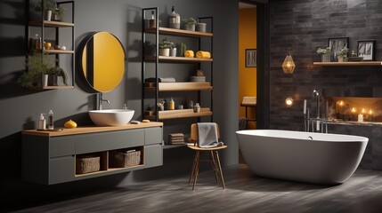 Clean Charcoal Gray and Mustard Yellow Bathroom Design