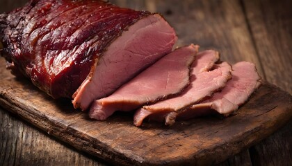 Piece of smoked meat on a wooden surface
