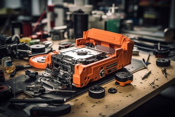 A detailed view of a modern ABS module, meticulously engineered for safety, resting on a workbench in an industrial setting with tools scattered around