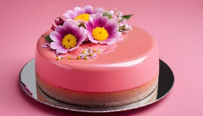 Fototapeta na wymiar Pink mousse cake with mirror glaze decorated with flowers