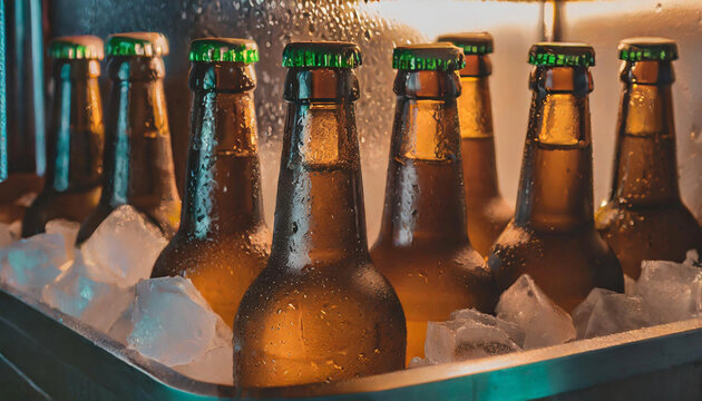 Detalhes de garrafas de cerveja, geladas, armazenadas em recipiente com cubos de gelo.