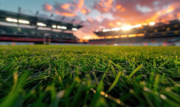 Football or soccer stadium with close up juicy grass baseball field or at golden hour
