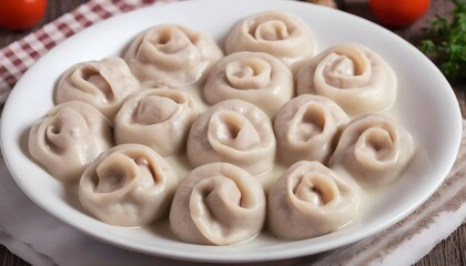 Russian traditional pelmeni with meat. Uncooked freshly made raw