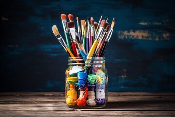 a jar full of paint brushes