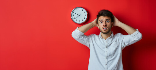 A young guy with a beard on a colored red background grabs his head against the background of a clock. Time is money. Time concept. Have time to do everything. Banner, place for text.