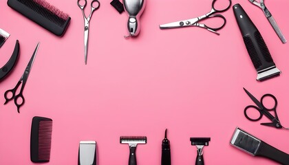 Shaving, Razor, brush, Comb, scissor, clippers and hair trimmer. Accessories for Barber shop equipment on pink background - obrazy, fototapety, plakaty