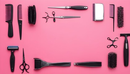 Shaving, Razor, brush, Comb, scissor, clippers and hair trimmer. Accessories for Barber shop equipment on pink background - obrazy, fototapety, plakaty