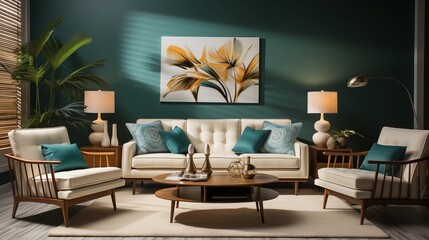 Clean Teal and Cream Living Room