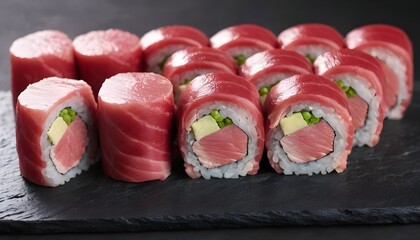 sushi rolls of red tuna on black stone