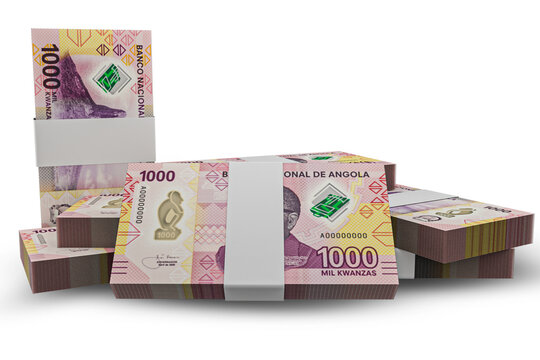 3D rendering of Stacks of Angolan Money 1000 Kwanzas Banknotes