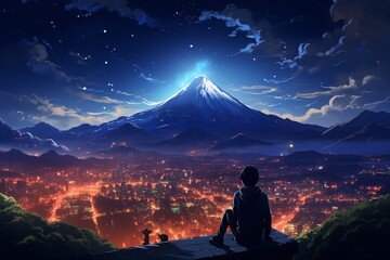 a person sitting on a ledge looking at a city at a mountain