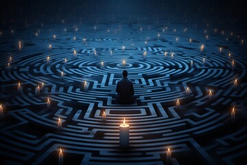 a man sitting in a maze with candles