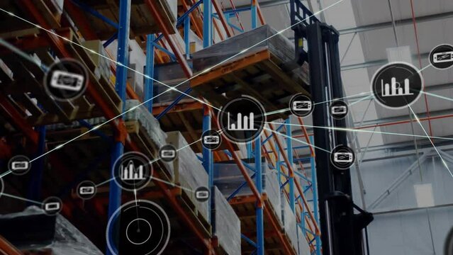 Animation of network of media and data icons over forklift truck and shelves at goods warehouse