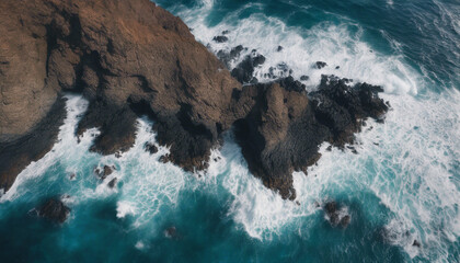 Drone view of Tenerife south coast with Atlantic ocean and strong swell beating against the walls of  