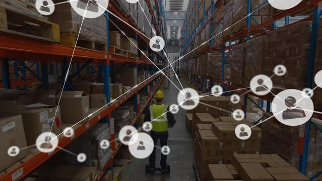 Animation of network of people icons over male worker on segway at goods warehouse