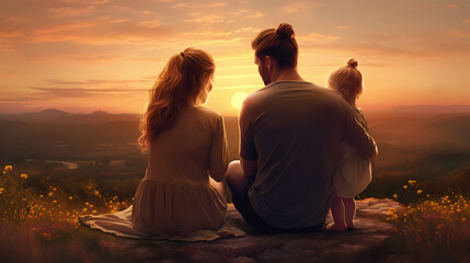 Young family with little baby girl looking at sunset