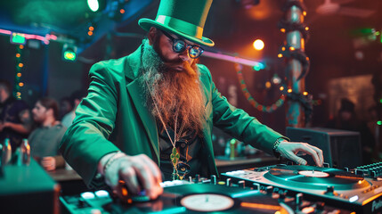 DJ in a Leprechaun costume in a Club / Bar. St. Patricks Day - obrazy, fototapety, plakaty