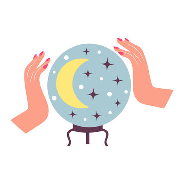Female hands and crystal magic ball of prediction. Magic ritual and ezoteric concept. Cartoon flat illustration.