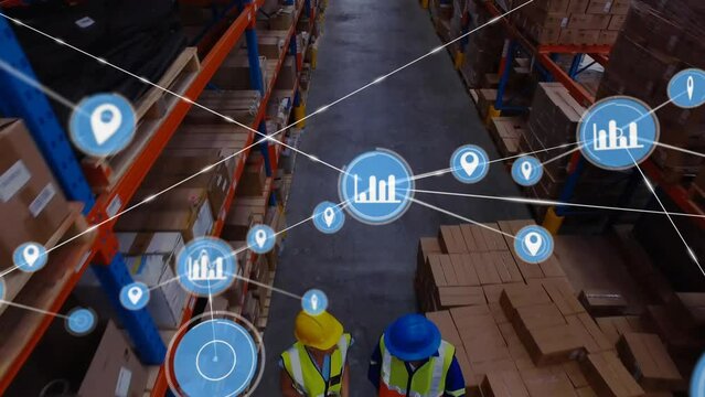 Animation of network of locator and data icons over diverse workers at goods warehouse