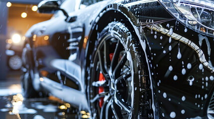 Fototapeta premium Black sportscar at a professional car wash. Soap dripping.