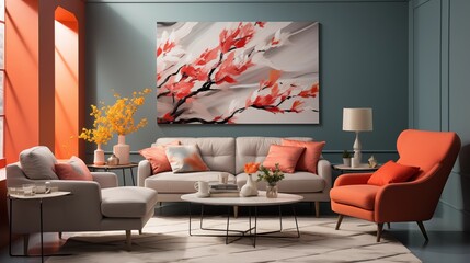 Contemporary Coral and Gray Reading Corner