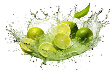 Limes Splashing Into a Glass of Water. Multiple limes are being dropped into a glass of water, creating a splash and a vibrant green color in the liquid.