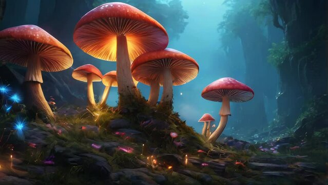 Mushroom fantasy landscape on forest floor panning to right, sparkling lights