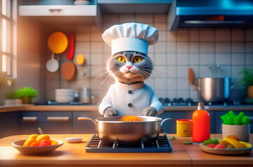 Serious and handsome chef cat preparing food in the kitchen
