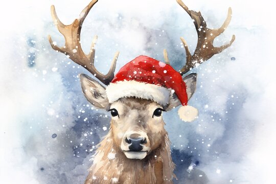 a watercolor of a deer wearing a santa hat