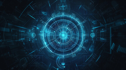 Obraz premium A futuristic vector HUD interface with overlapping geometric shapes and lines in shades of cyan and azure