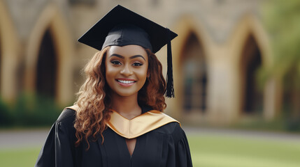 Portrait of beautiful happy african girl in graduation attire in the university yard, Generative AI