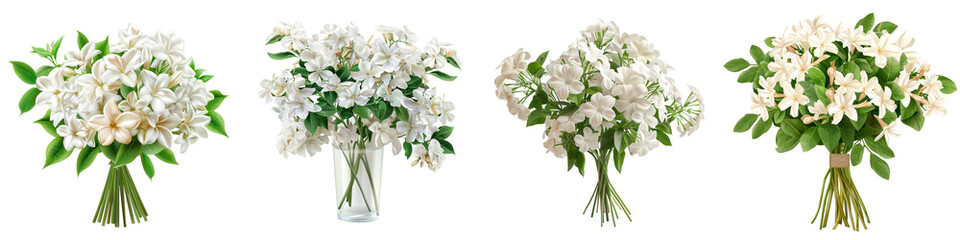 An elegant set of four white jasmine flower arrangements, including a bouquet and a vase, isolated against a transparent background, showcasing the delicate blossoms and green foliage. - obrazy, fototapety, plakaty